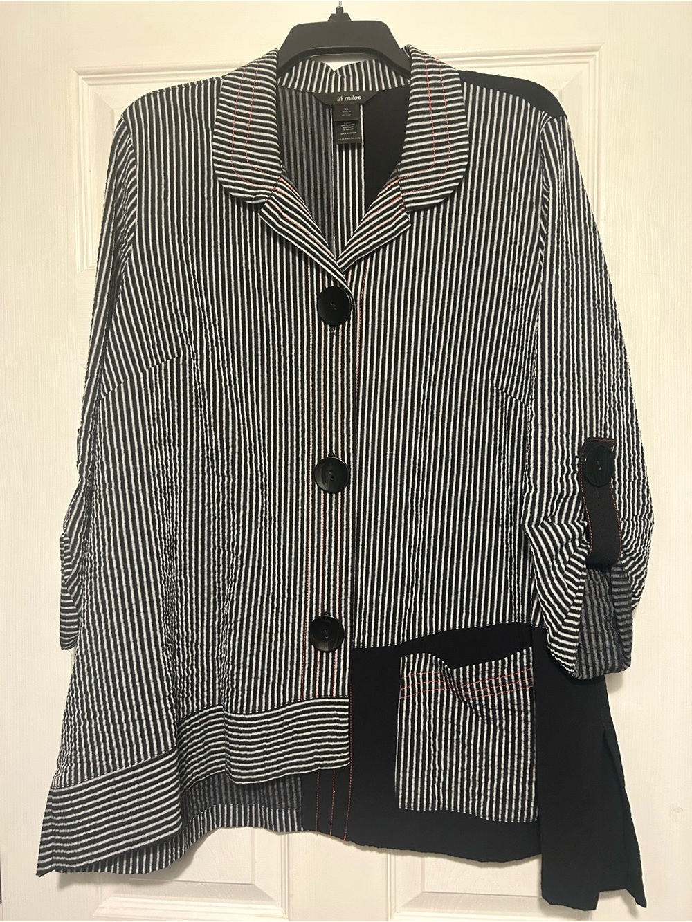 Ali Miles Black and White Striped Button Jacket